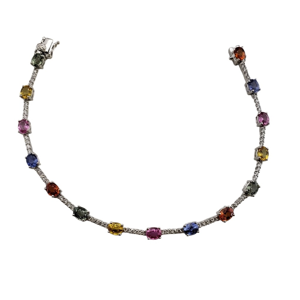 Vintage White Gold Multi Color Natural Sapphire and Diamond Link Bracelet #13336